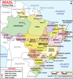 Brazil Political Map With Capital Brasilia, National Borders And